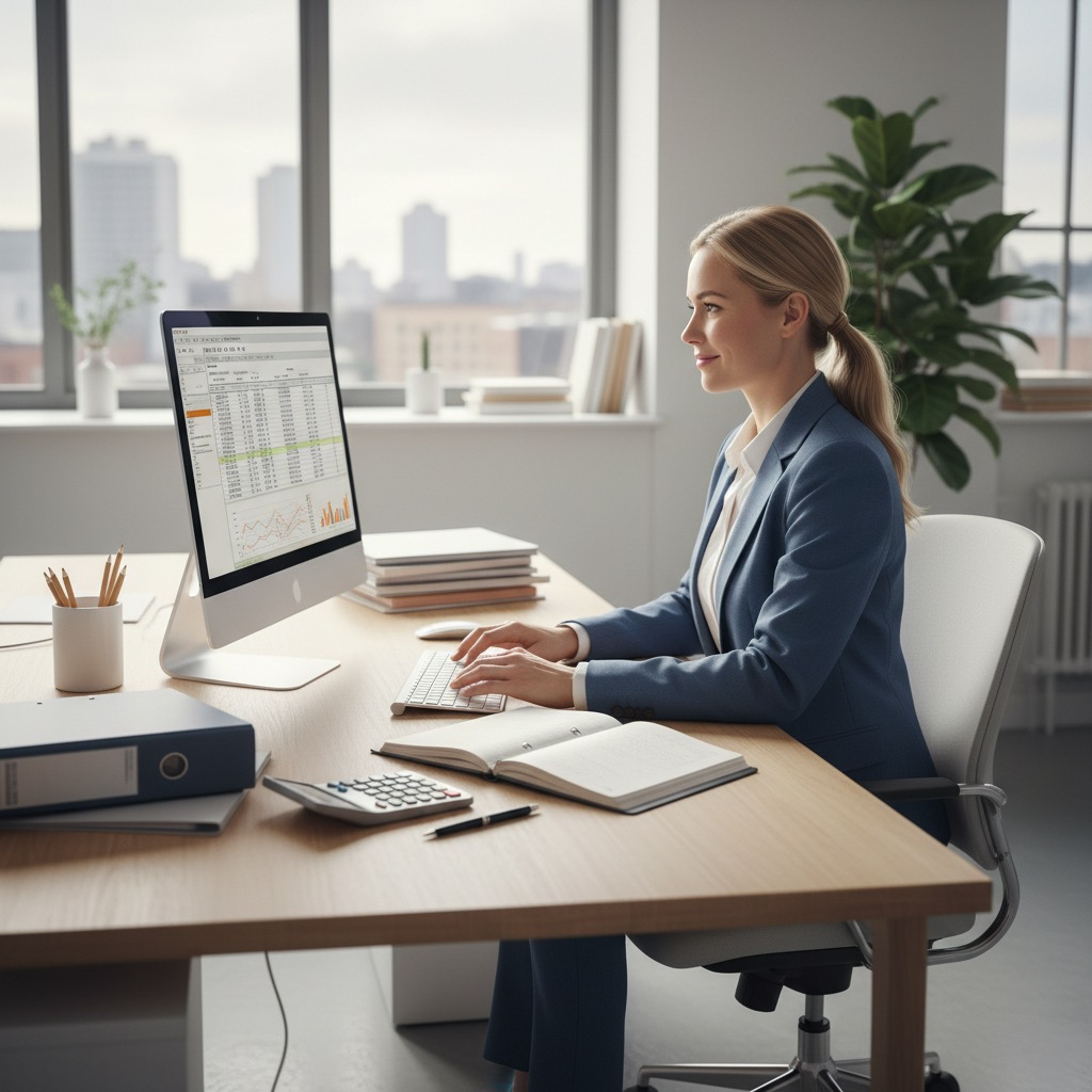 En kvindelig kontorarbejder sidder ved et skrivebord foran en computerskærm og skriver på tastaturet.