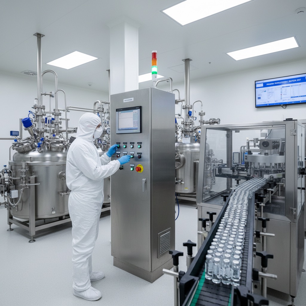 En tekniker i hvid beskyttelsesdragt og mundbind betjener kontrolpanelet til et avanceret farmaceutisk produktionsanlæg, hvor små glasflasker bevæger sig på et transportbånd.