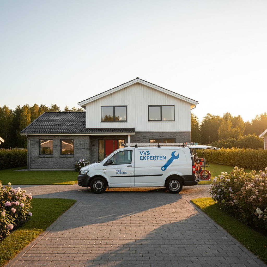 En hvid servicevogn fra VVS Eksperten holder parkeret i indkørslen foran et moderne hus.